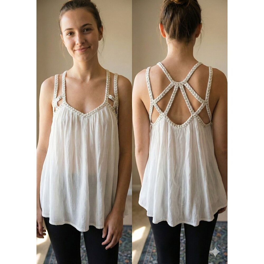 Vanessa Virginia Anthropologie White Braided Strappy Cage Back Tank Boho 8